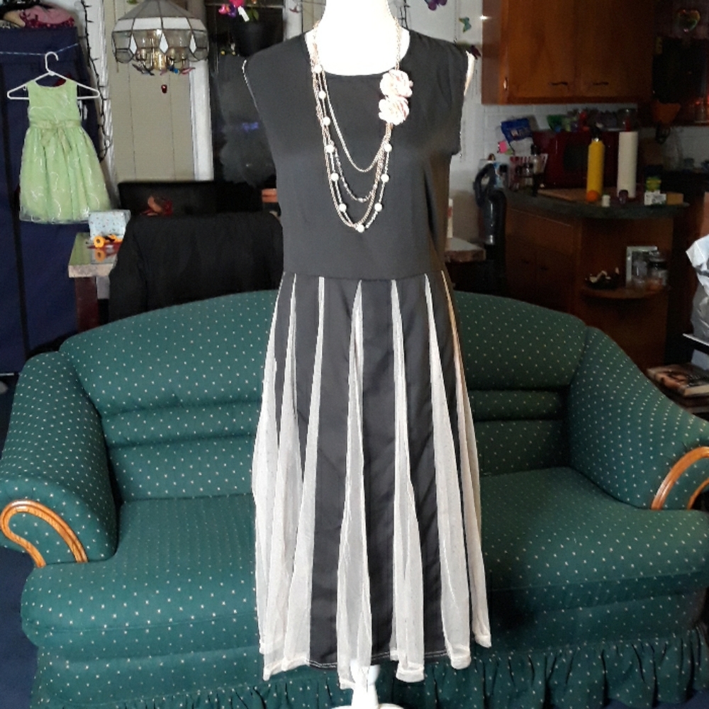 Black and tan mesh pleated womens dress